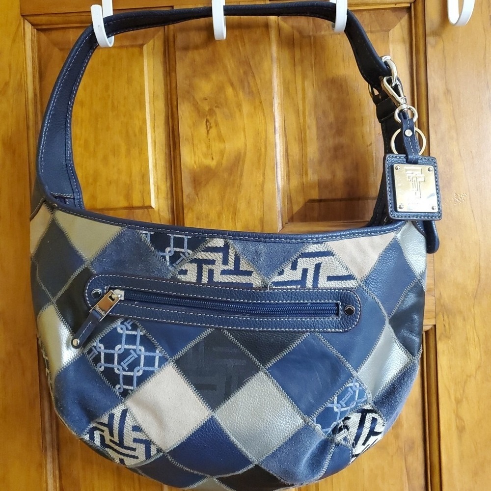 Tignanello Blue Leather Patchwork Hobo Shoulder Bag Purse Italian Bohemian
